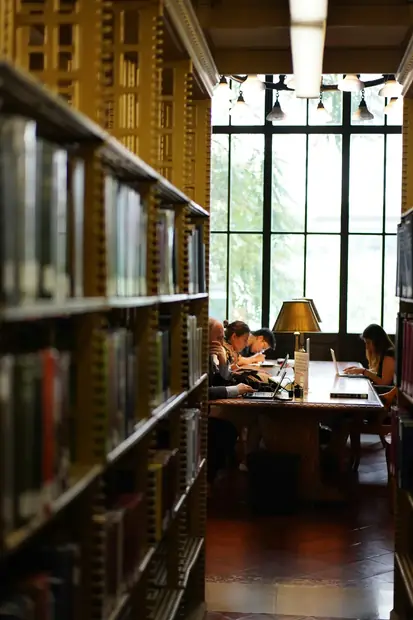 Student studying at a library table